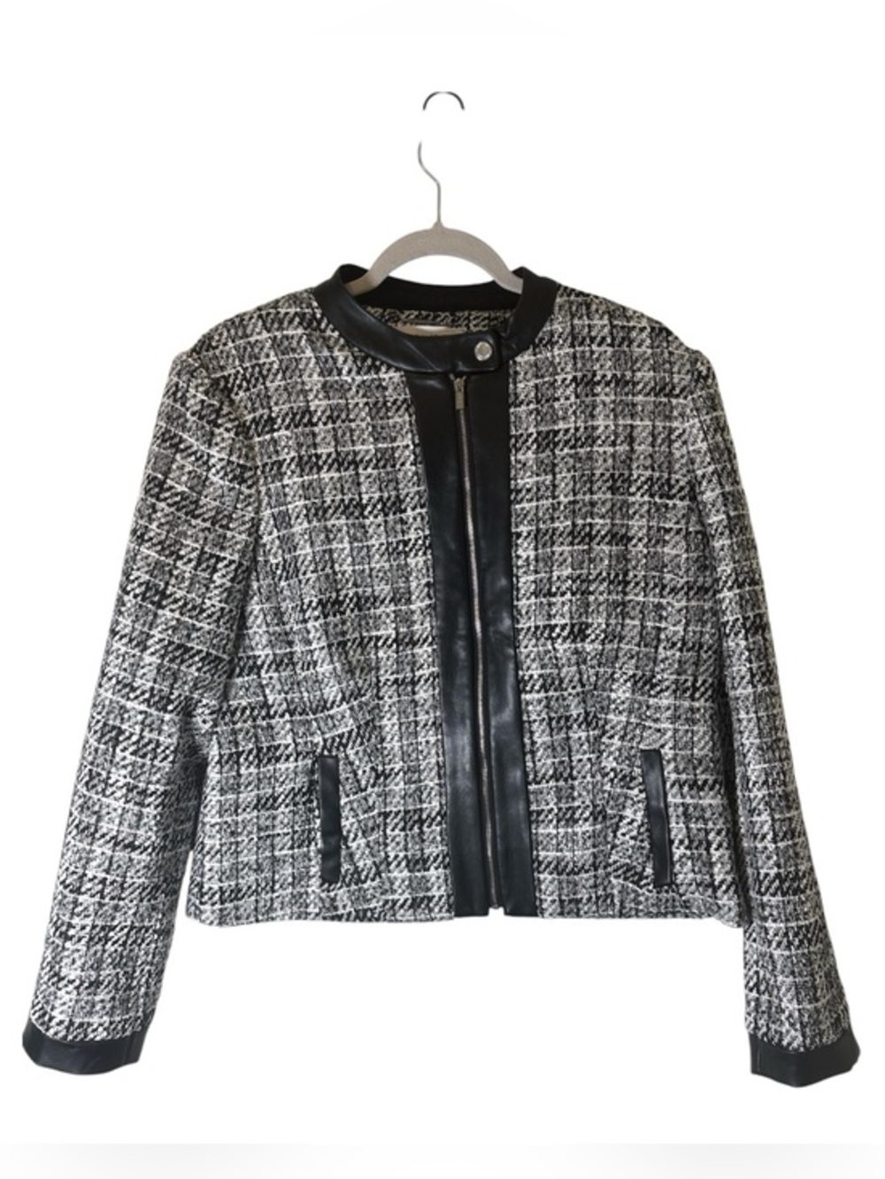 ⭐️ Calvin Klein Black & White Tweed blazer/ Jacket with Faux Leather Trim -sz 14
